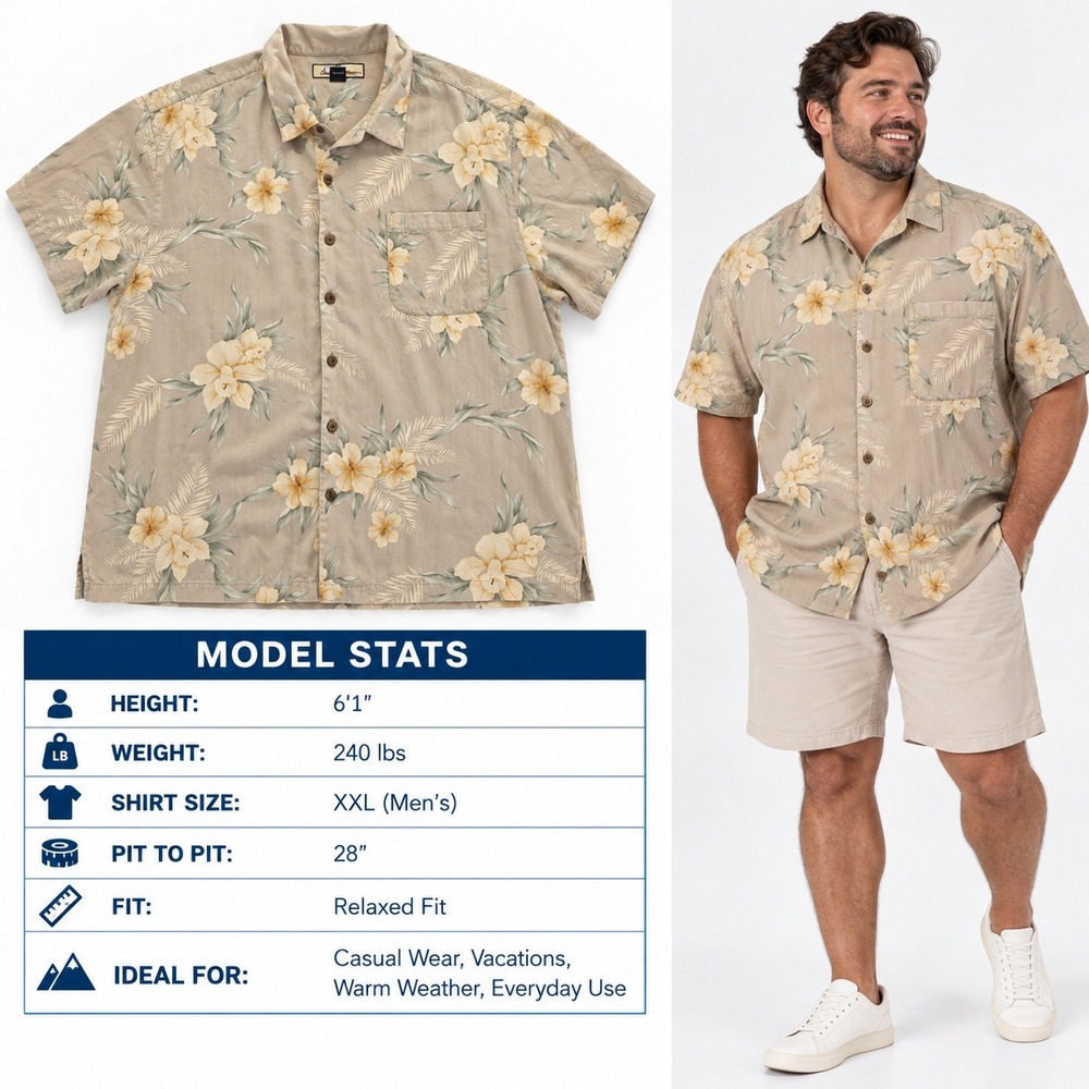 Tommy Bahama Mens XXL Silk Floral Herringbone Camp Shirt Tan Tropical SS